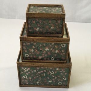Vintage Floral Wood Lidded Nesting Trinket Boxes
